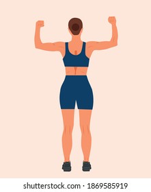 Fitness Model. The woman standing with the sportswear . Strong Woman with muscular jock. Posing bodybuilding. Woman exercising with her back turned shows her arm muscles Isolated vector illustration