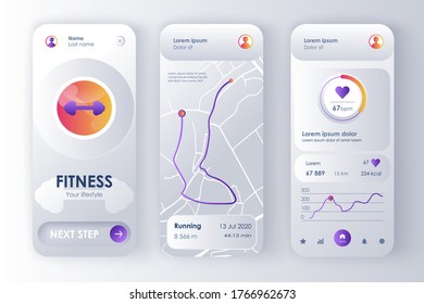 Fitness Monitor Unique Design Kit For App. Personal Tracker With Running Route On Map, Activity Analytics, Heartbeat Rate. Sport UI, UX Template Set. GUI For Responsive Mobile Application.