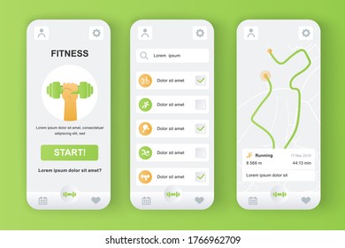 Fitness monitor unique design kit for mobile app. Personal tracker with running route on map, different kinds of workouts. Sport UI, UX template set. GUI for responsive mobile application.