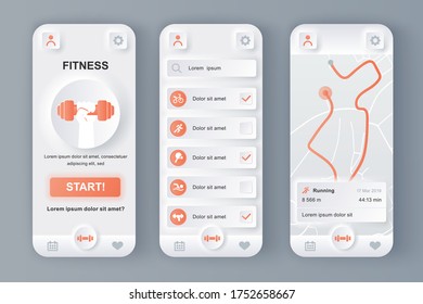 Fitness monitor unique neumorphic design kit for mobile app. Personal tracker with running route on map, different kinds of workouts. Sport UI, UX template set. GUI for responsive mobile application.