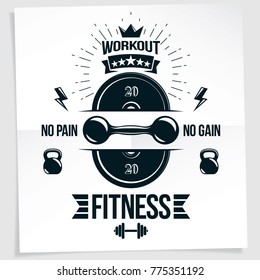 Fitness motivation poster created with dumbbell and disc weight vector element. 