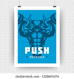 Fitness motivation poster retro typographic quote design template A4 size with bodybuilder man bull head silhouette. Push yourself message, vector Illustration.