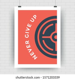 Fitness motivation poster retro typographic quote design template with round barbell symbol silhouette vector illustration. Never give up message.
