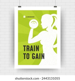 Fitness motivation poster retro typographic quote design template with bodybuilder female holding dumbbells silhouette. Train to gain message vector Illustration.