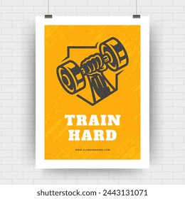 Fitness motivation poster retro typographic quote design template with hand holding dumbbell silhouette. Train hard message, vector Illustration.