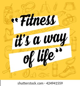 Fitness motivation quote poster. Gym inspirational banner with text and hand-drawing sport icons.