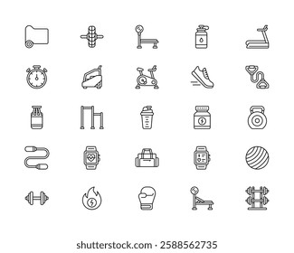 Fitness Motivation and Workout Goals. Healthy Living, Gym, and Training Plan. Vector Illustration. Outline icon set