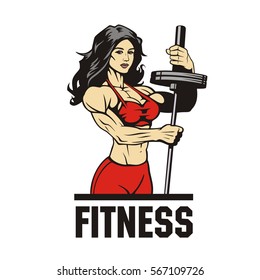 fitness muscle girl with barbell, vector illustration