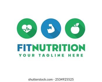 Logotipo del músculo de la aptitud, logotipo del diseño del logotipo de la nutrición de la aptitud Plantilla logotipo de la comida sana de la aptitud. Logotipo de Fitness Health Plantilla