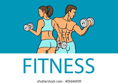 Fitness with muscled man and woman silhouettes. Man and woman holds dumbbells. Vector illustration art