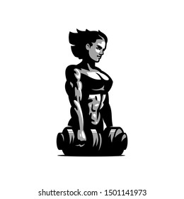 Fitness. Muscular athletic woman. With dumbbell in hand.