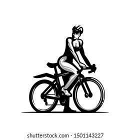 Fitness. Muscular athletic woman. Woman riding a bike.
