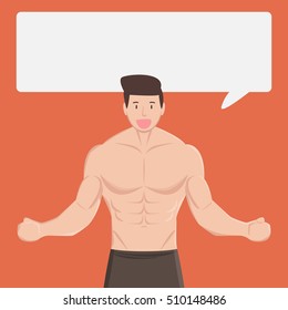 fitness muscular healthy man tell and explain something in dialog box on orange background