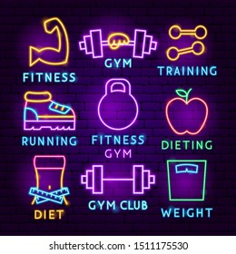 Fitness Neon Label Set. Vector Illustration of Sport Promotion.