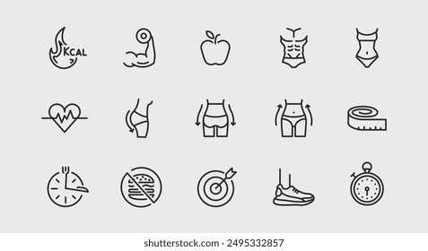 Iconos de fitness, nutrición y medidas corporales. Grande conjunto de fitness, nutrición, medidas corporales de moda iconos mínimos. Diseño de carteles para página de Web, App móvil, diseño de envases. Ilustración vectorial