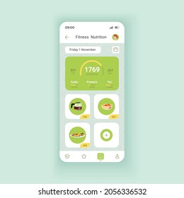 Fitness nutrition dark smartphone interface vector template. Mobile app page design layout. Healthy dieting manager. Daily meal program screen. Flat UI for application. Phone display