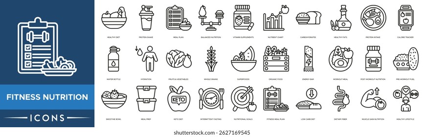 Fitness Nutrition Conjunto de ícones. Dieta saudável, Agitação de proteínas, Plano de refeições, Nutrição equilibrada, suplementos vitamínicos, gráfico de nutrientes, carboidratos e gorduras saudáveis