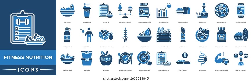 Fitness Nutrition Icon set. Healthy Diet, Protein Shake, Meal Plan, Balanced Nutrition, Vitamin Supplements, Nutrient Chart, Carbohydrates and Healthy Fats