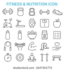 Fitness and nutrition icon set in modern line style vector