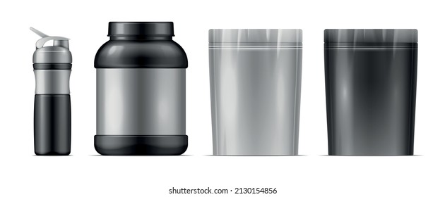Fitness nutrition in shaker whey protein platic bottle and doypack bag isolated vector illustration