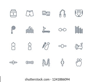 Fitness Nutrition, Stretching Punching Ball, Skipping Rope, Resistance band, Roller, Headgear, Dumbbell, fitness Food, Hydratation, Swim, Gloves outline vector icons from 20 set