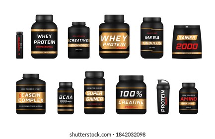 Fitness nutrition, vitamins, l-carnitine, casein capsules and hydro whey. Sports food bottles and low sugar protein bars. Bodybuilding symbols. Large set of templates sports food containers. Vector.