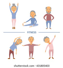 Fitness for older persons.Complex Exercise. Sport. Set of cartoon characters. Grandparents doing gymnastics.Style flat.