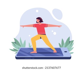 Fitness and with online application. Girl goes in for sports, yoga and active lifestyle, health care, stretching. Calmness and balance, concentration and meditation. Cartoon flat vector illustration