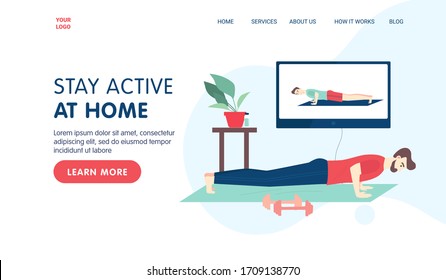 Fitness online class landing page template concept. Man doing fitness at home in online classes using his TV screen. Vector flat cartoon illustration