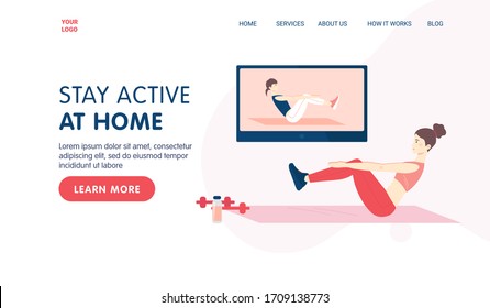 Fitness Online Class Landing Page Template Concept. Girl Doing Fitness At Home In Online Classes Using Her TV Screen. Vector Flat Cartoon Illustration