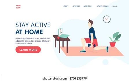 Fitness Online Class Landing Page Template Concept. . Man Doing Fitness At Home In Online Classes Using His Laptop. Vector Flat Cartoon Illustration