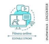 Fitness online concept icon. Exclusive sports training program. Guided workout video. Chat with personal fitness trainer idea thin line illustration. Vector isolated outline drawing. Editable stroke