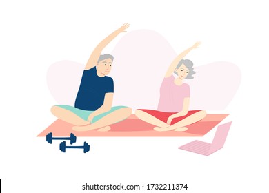 Fitness online course concept. Elderly couple doing fitness at home together using their laptop. Vector flat cartoon illustration