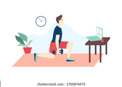 Fitness online course concept. Man doing fitness at home in online classes using his laptop. vector flat cartoon illustration