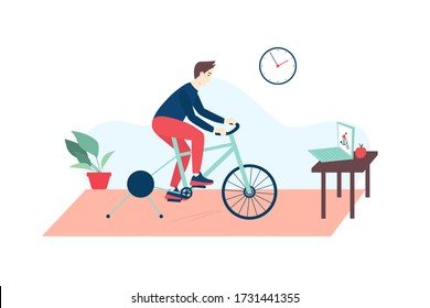 Fitness online course concept. Man doing fitness on an exercise bike at home using his laptop. Vector flat cartoon illustration for banner or poster