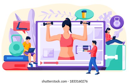 Fitness Online Kurs Konzept. Menschen, die sich zu Hause in Online-Klassen mit Internet, Vektor-Wohnung. Regelmäßige Sport-, Cardio- und Bodybuilding-Kurse. Gesunder Lebensstil, aktiver Zeitaufwand