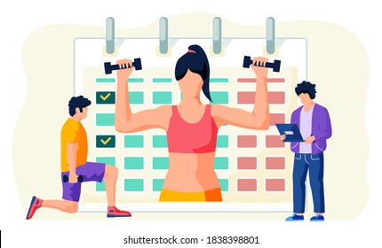 Fitness online course concept. People doing exercise at home in online classes using laptop, vector flat cartoon illustration. Regular sports on a schedule. Healthy lifestyle, active time spending