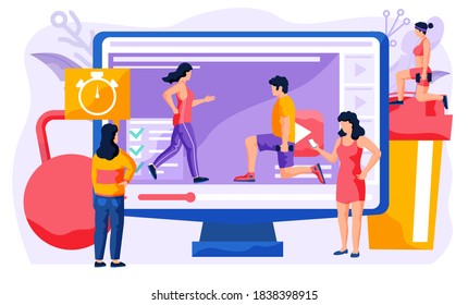 Fitness online course concept. People doing exercise at home in online classes using internet, vector flat. Regular sports, cardio and bodybuilding classes . Healthy lifestyle, active time spending