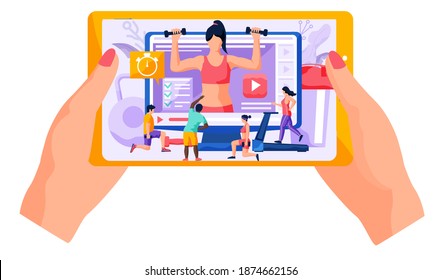 Concepto de curso en línea de fitness. Gente haciendo ejercicio en casa en clases en línea usando internet con teléfono. Se imparten regularmente clases de deportes, cardio y de musculación. Estilo de vida saludable, gasto de tiempo activo