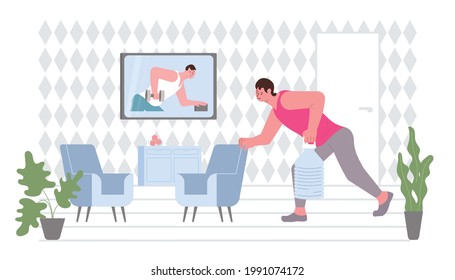 Fitness online flat composition with living room scenery and man lifting weight along to tv tutor vector illustration