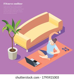Fitness online isometric background with woman doing yoga exercise on laptop vector illustration