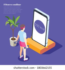 Fitness online isometric background with young man holding dumbbells and looking at smartphone screen with sport app vector illustration