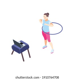 Fitness online isometric composition with female character doing remote physical exercises with hoop vector illustration