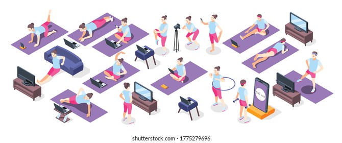 Fitness online isometric icons set of people with sport inventory doing physical exercises used TV or laptop vector illustration