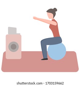 Fitness online quarantine trainer. 
Girl crouches with ball. Concept business vector illustration. Internet technology. 