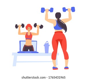 Fitness online workout concept. Woman exercises at home. How to keep fit indoors. Healthy lifestyle and wellness concept. Colorful flat hand drawn cartoon vector illustration.