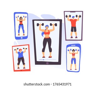 Fitness online workout. Home exercise. How to keep fit indoors. Healthy lifestyle and wellness concept. Colorful flat hand drawn cartoon vector illustration.