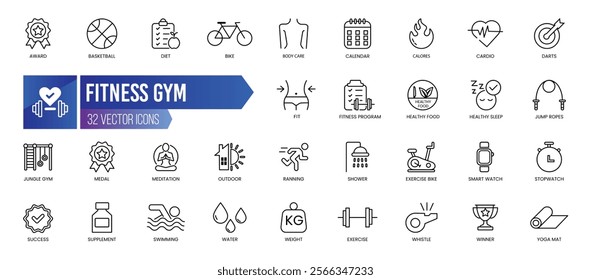 FITNESS - Outline Icon Collection. Thin Line Set contains such Icons as Award, Basketball, Bike, Body Care, Calendar, Calories and more. Simple web icons set.