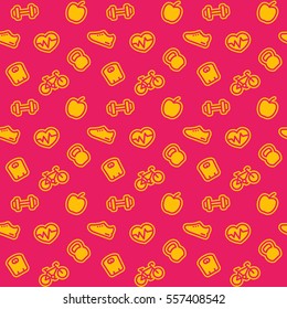 fitness pattern, bright seamless background with icons, vector illustration