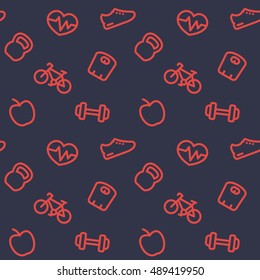fitness pattern, dark seamless background with fitness icons, vector illustration